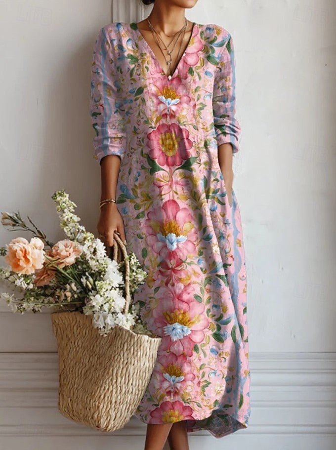 Yseult | Floral Midi Dress with Long Sleeves and V-Neck