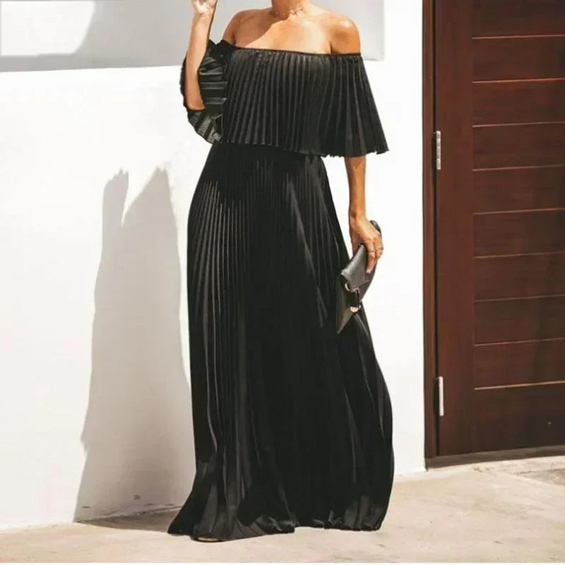 Eliska | Wedding guest Maxi Dress with Pleated Skirt and Off-the-shoulder Neckline