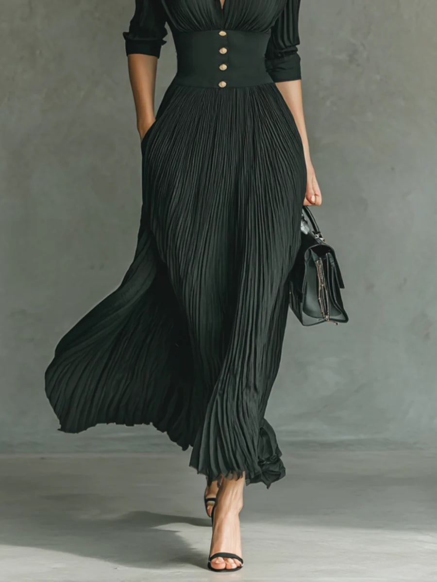 Orlaith | Elegant Pleated Lapel Waist Maxi Dress