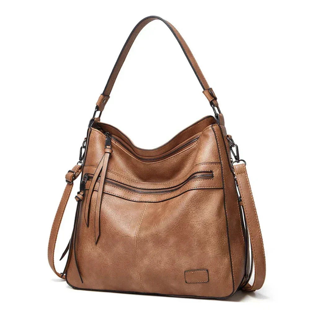 Philippine | Leather Shoulder Bag with Adjustable Strap and Multiple Zippers