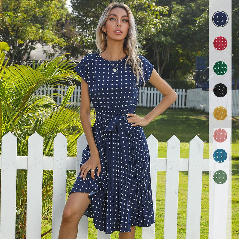 Elspeth | Polka Dot Pleated Maxi Dress with Short Sleeves and Belted Waist