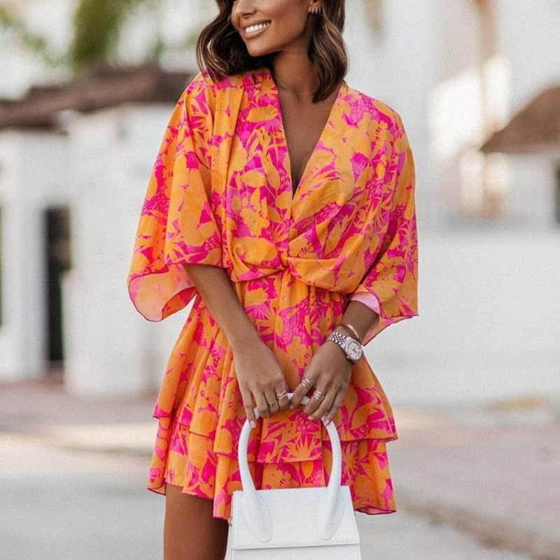 Dahlia | Floral Mini Dress with Batwing Sleeves and V Neck