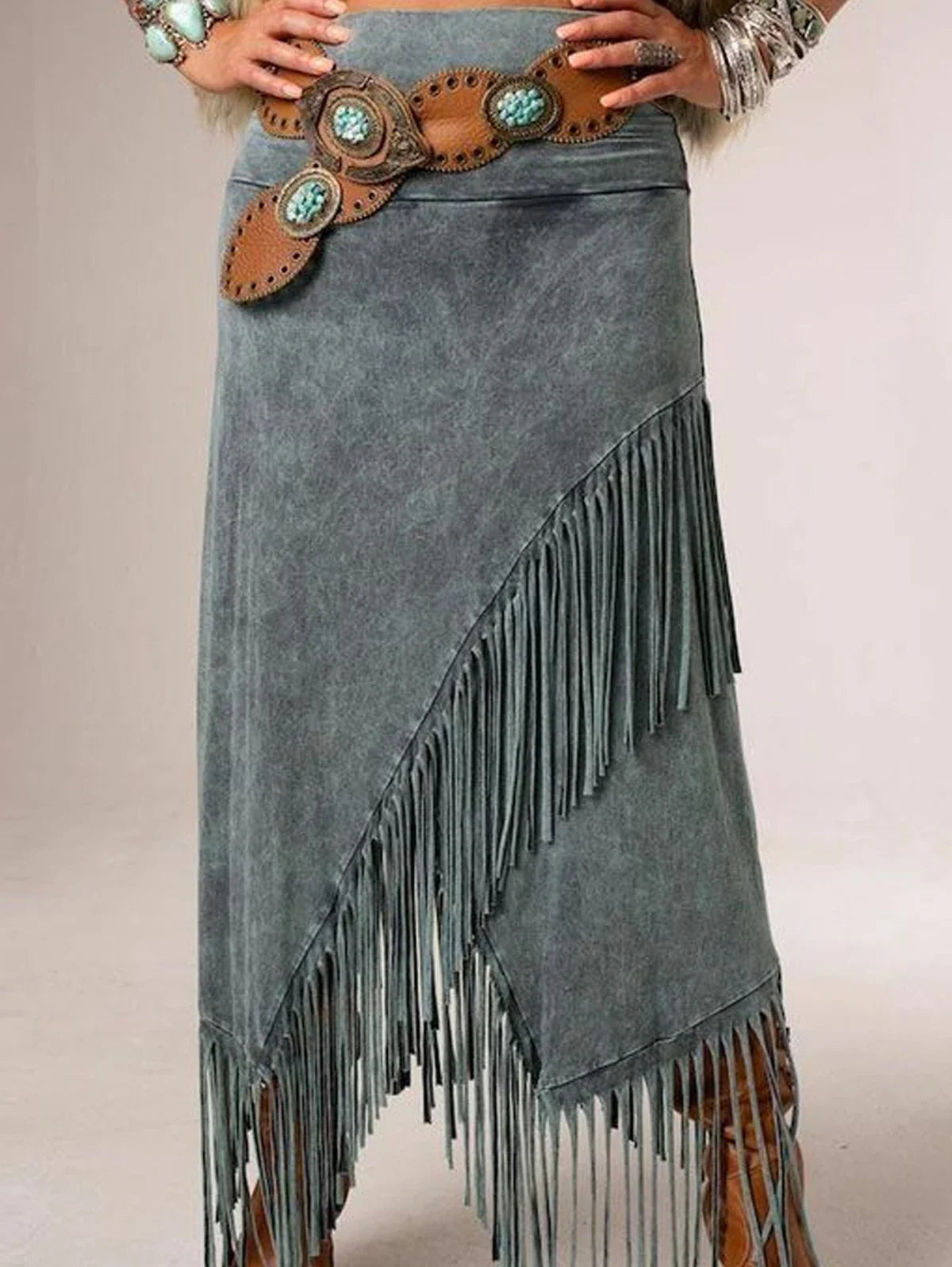 Nadira | Bohemian Maxi Skirt with Asymmetrical Hem and Fringe Detail