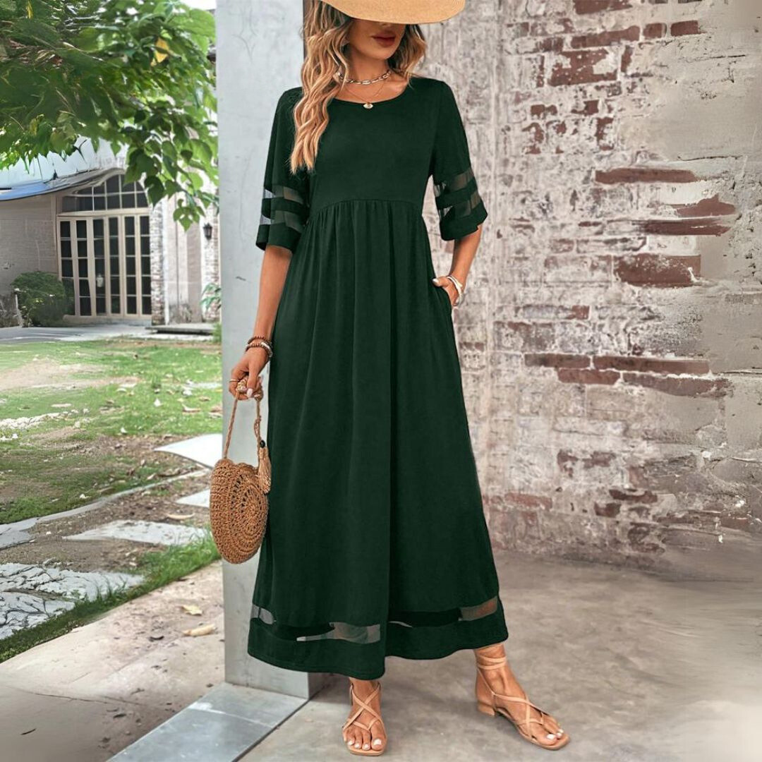 Leocadia | Solid-Tone Empire Waist Midi Sundress with Three Quarter Sleeves and Mesh Detail