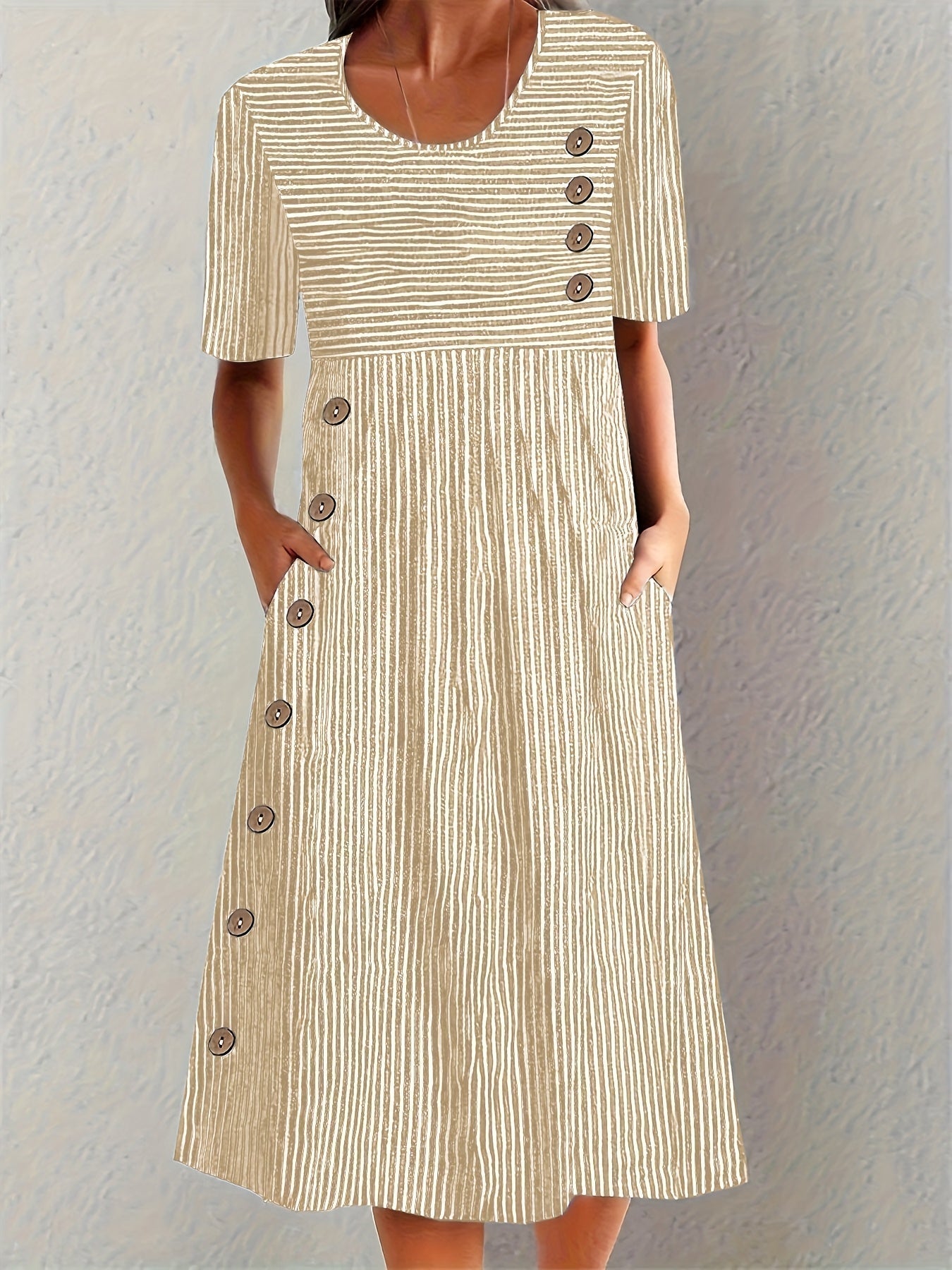 Elodie | Striped Summer Shirt Midi Dress with Pockets and Round Neck
