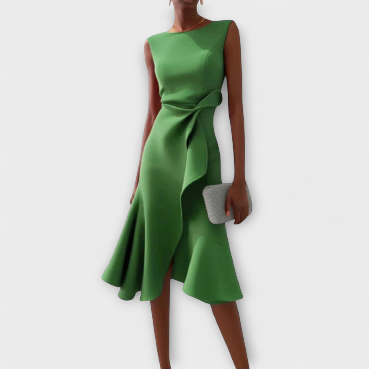 Scarla | Stretch Sleeveless Draped Knot Ruffle Midi Dress