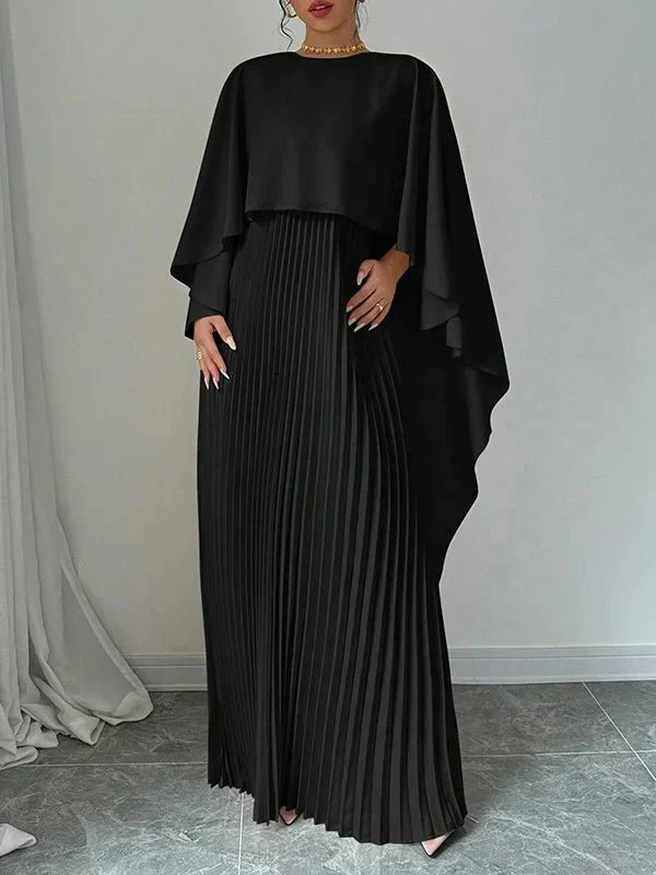 Serenella | Satin Cape Pleated Maxi Dress