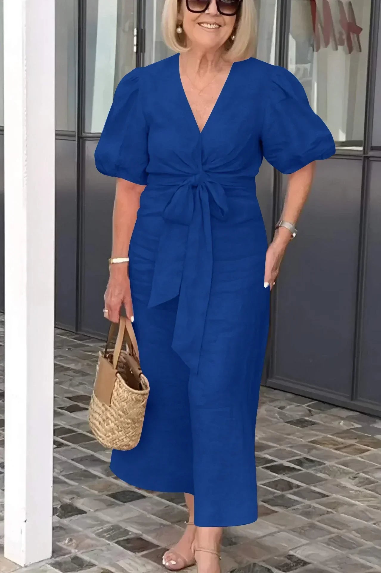 Selene | Solid-Tone Wrap Maxi Dress with Bow Tie Waist and Puff Sleeves