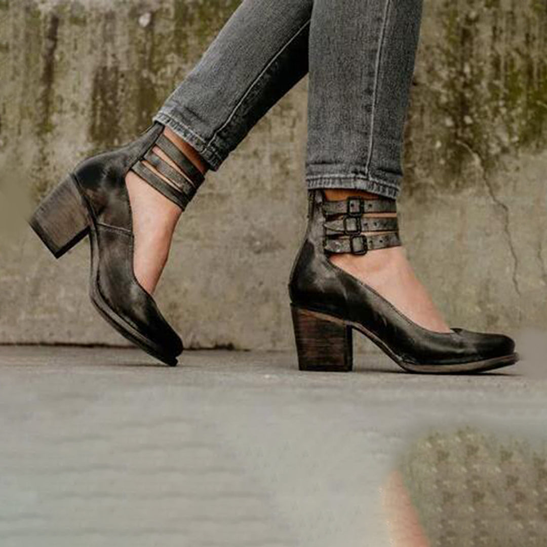 Reneta | Block Heel Faux Leather Pumps with Buckle Straps and Side Zipper