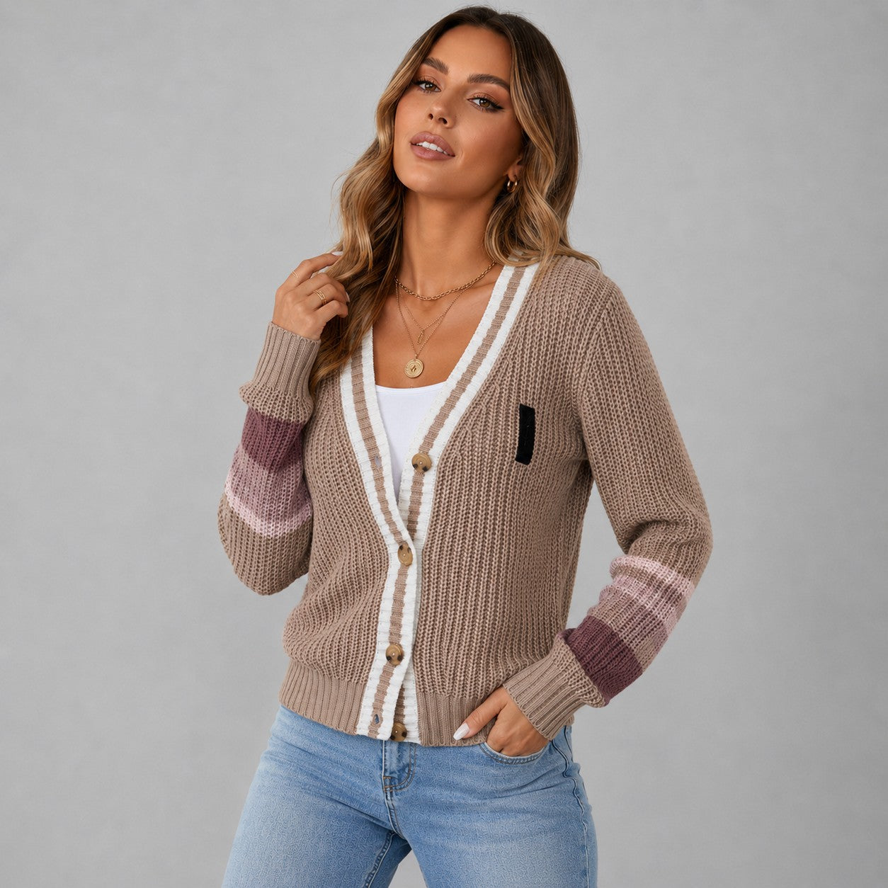 Teagan | Chunky Knit Cardigan with Contrast Stripe Detail