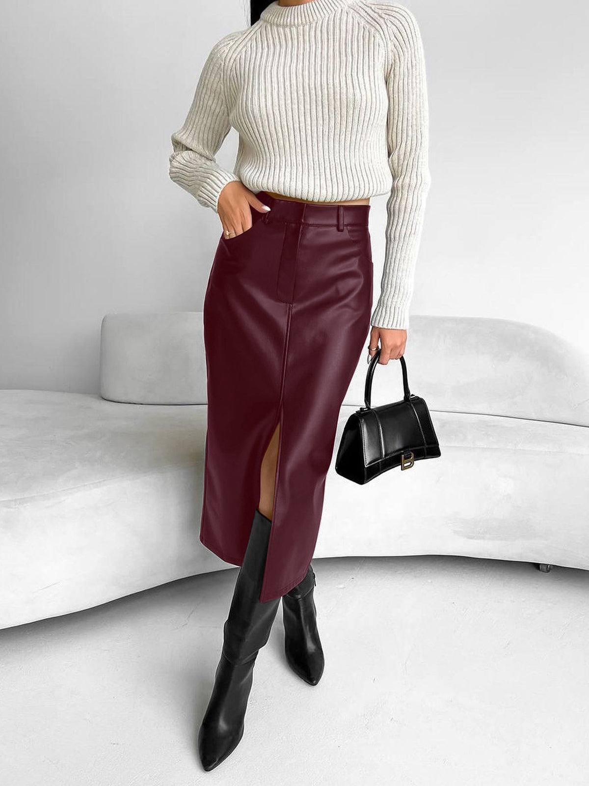 Lavinia | City Midi Skirt in Coated Faux Material with Front Slit