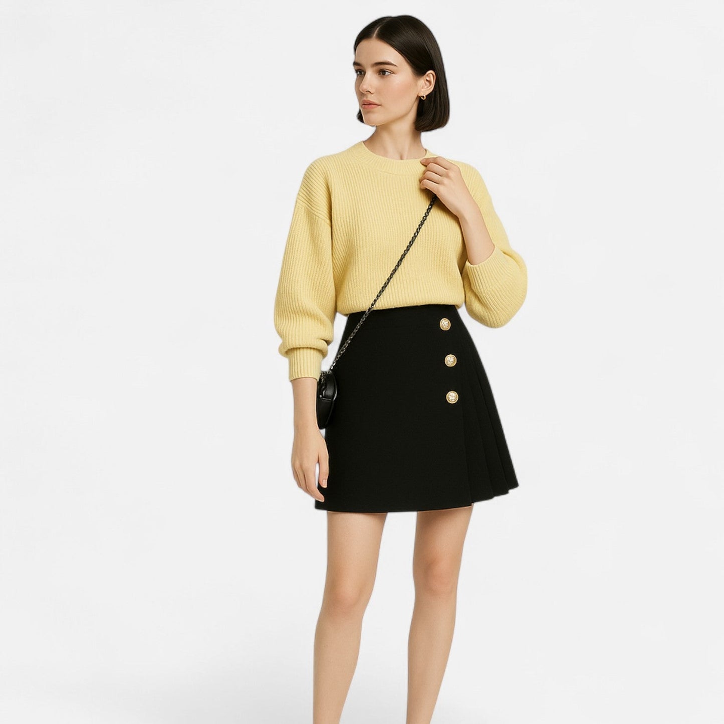 Lyriana | Woven Mini Skirt with Side Buttons and Pleated Panel