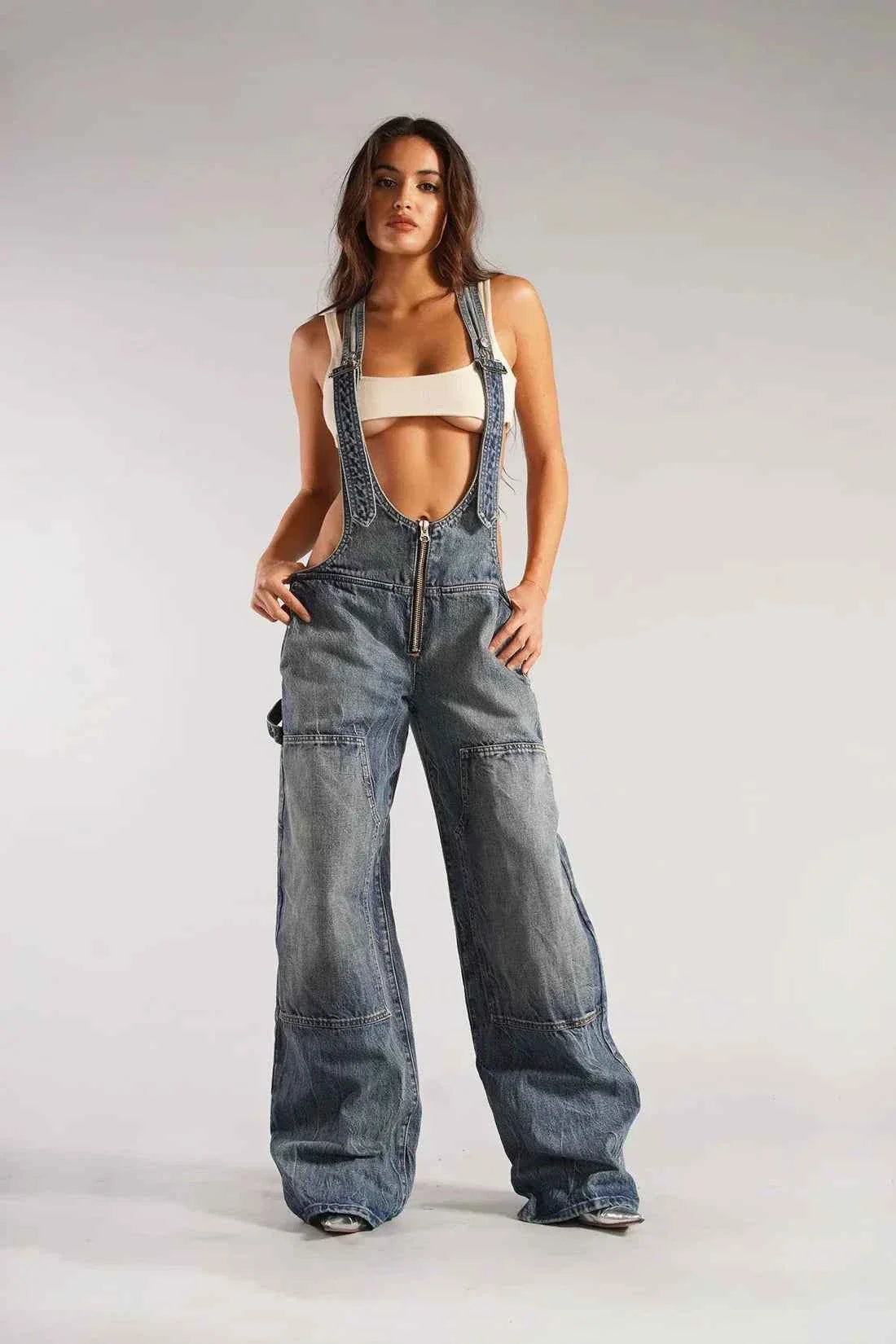 Elina | Camouflage Denim Overalls With Deep V Neck