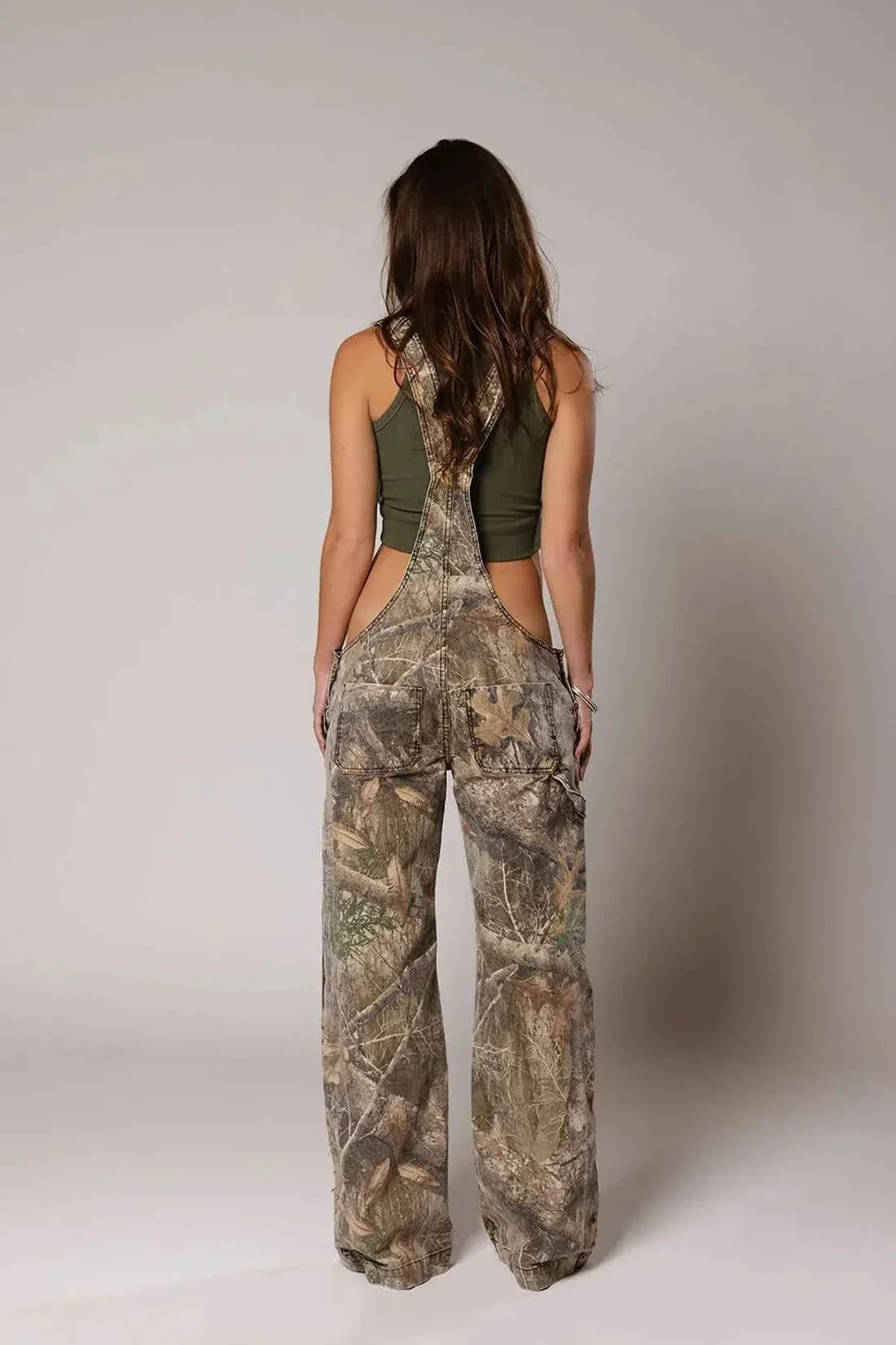 Elina | Camouflage Denim Overalls With Deep V Neck
