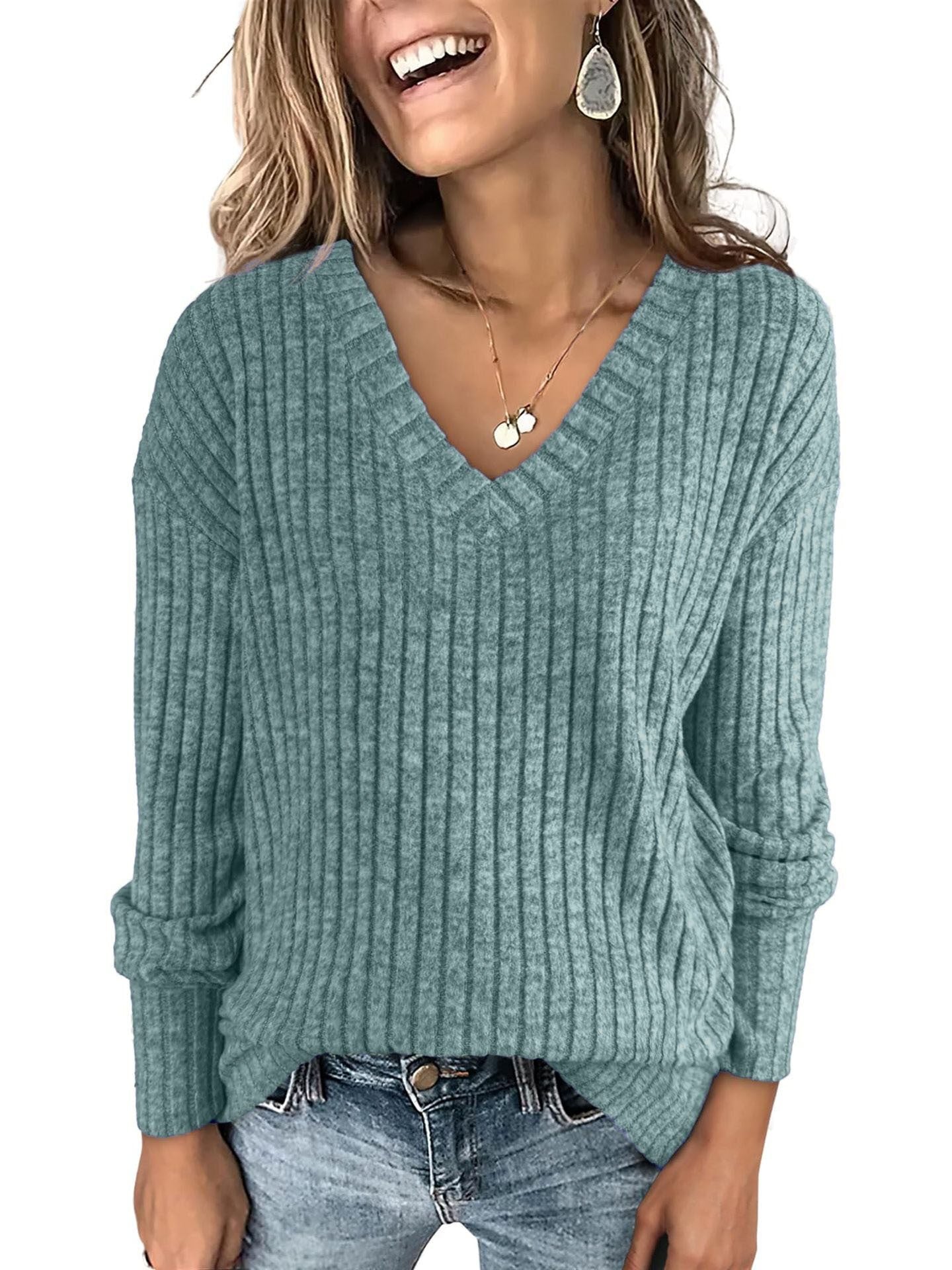 Simone | Ribbed V-Neck Long Sleeve Sweater