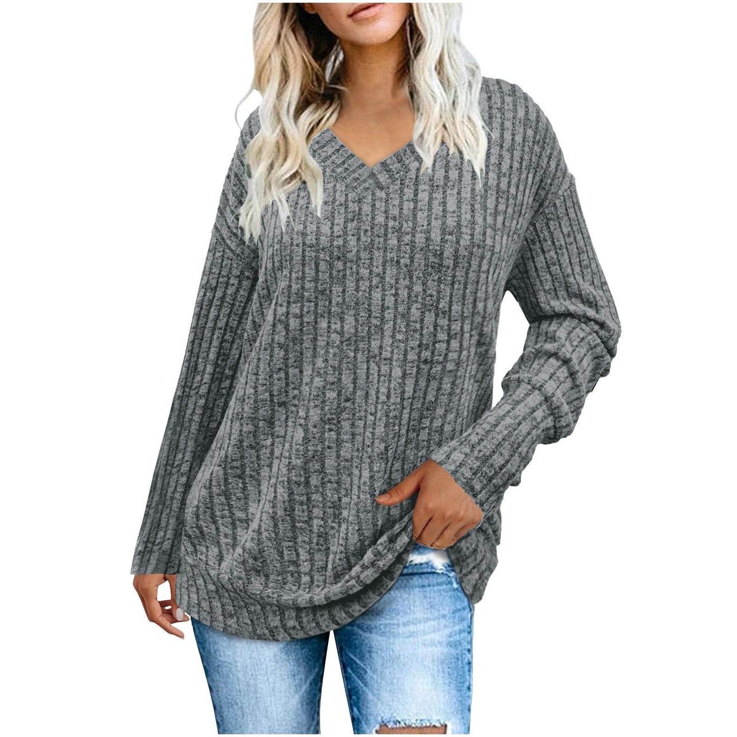 Simone | Ribbed V-Neck Long Sleeve Sweater