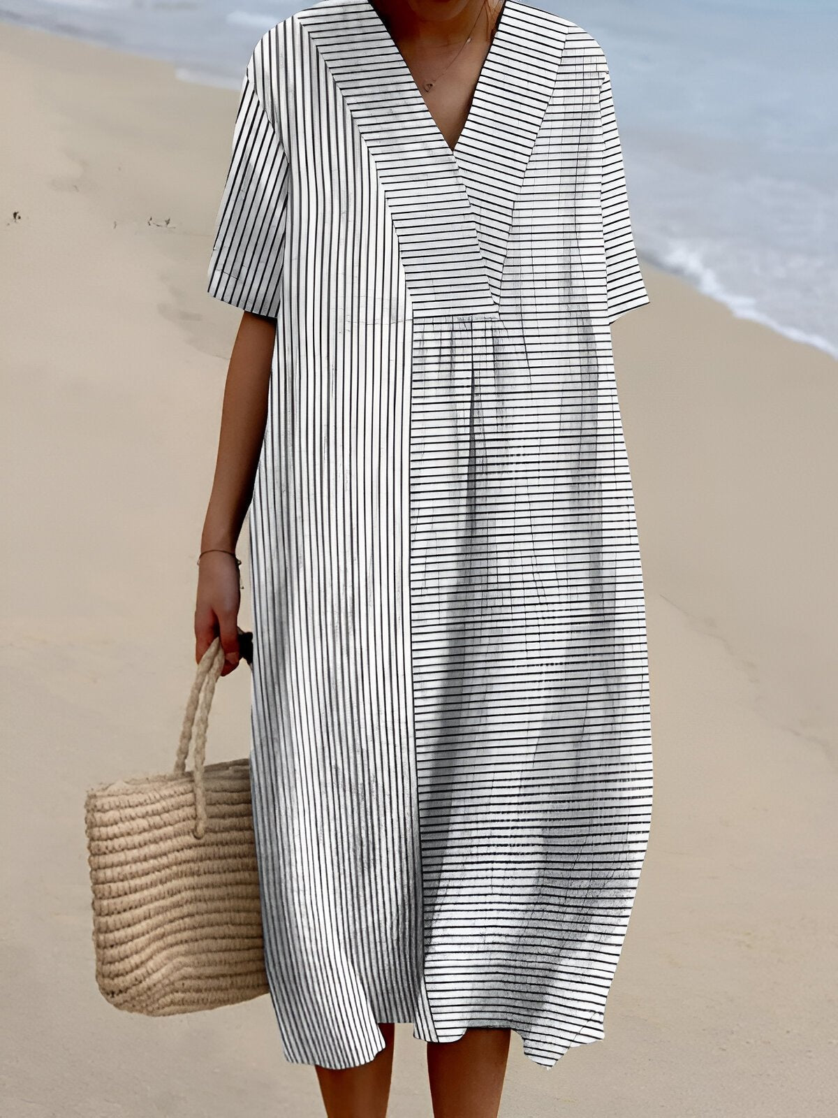 Gwyneira | Boho V-Neck Striped Midi Dress