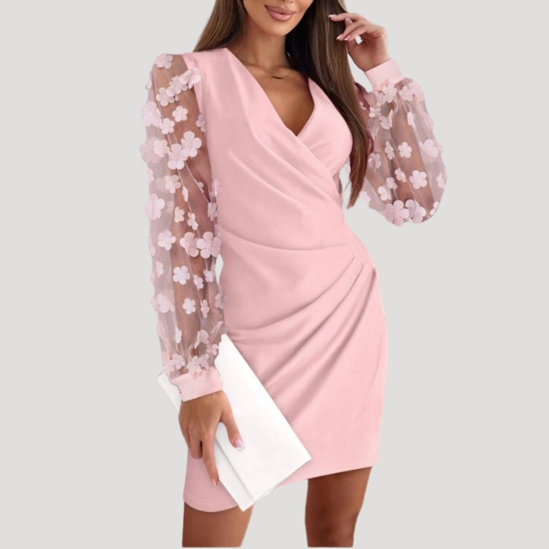 Kalliste | Sheer Sleeve Mini Wrap Dress with V Neck