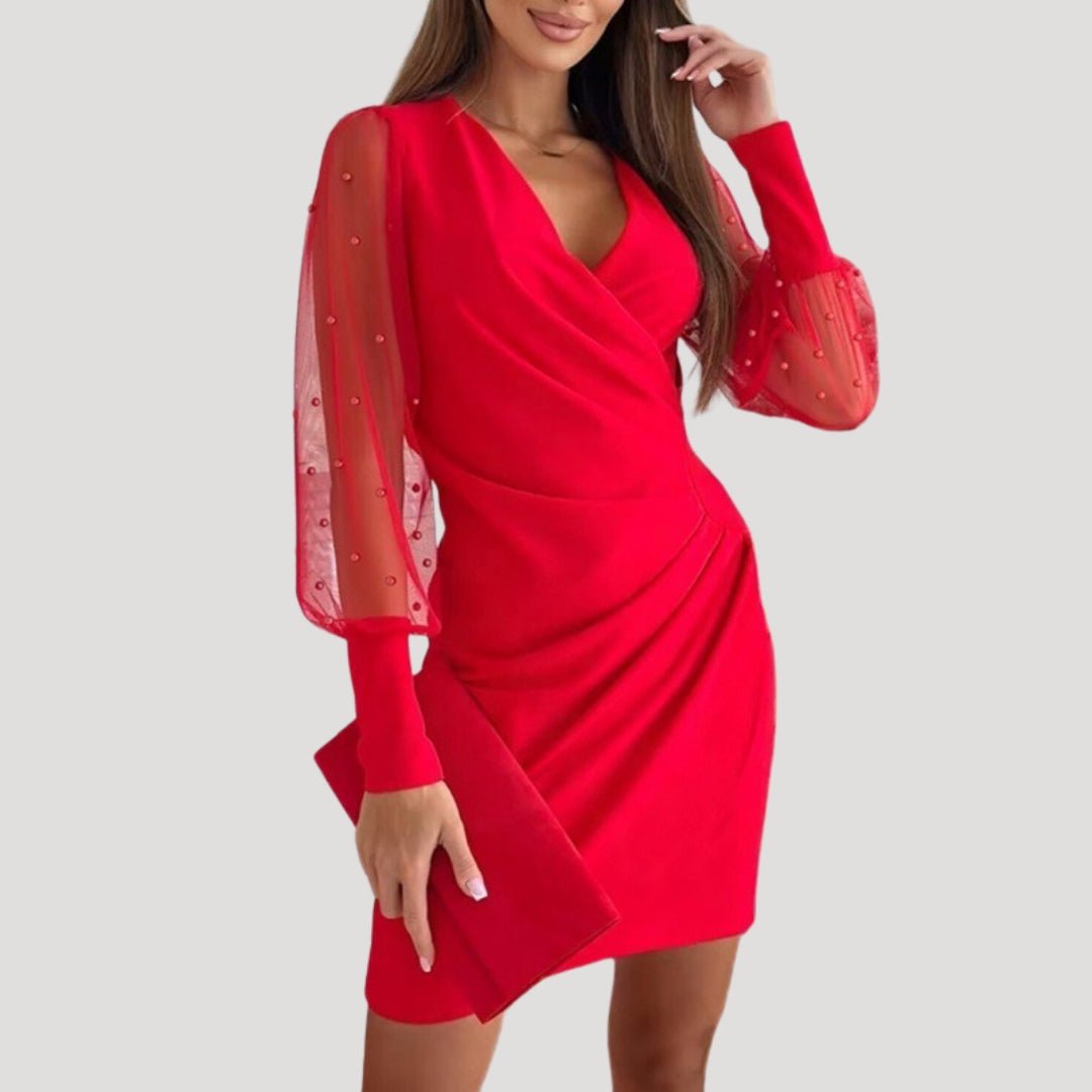 Kalliste | Sheer Sleeve Mini Wrap Dress with V Neck