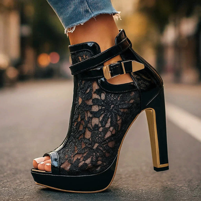 Laurel | Lace Mesh Buckle Strap High Heels