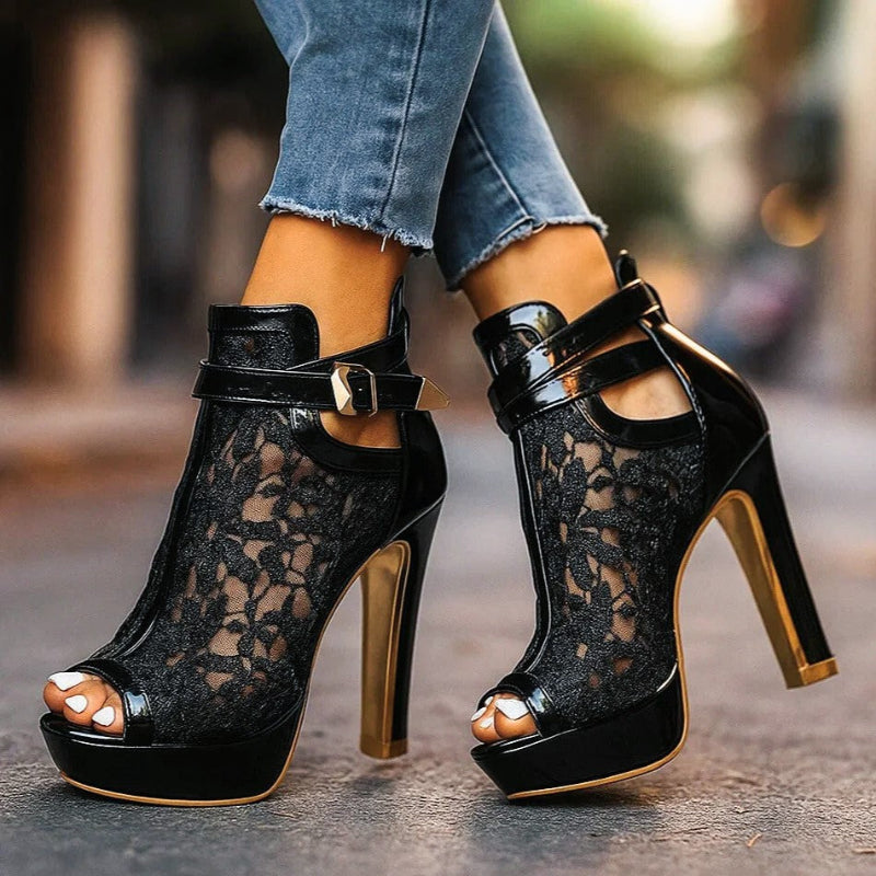 Laurel | Lace Mesh Buckle Strap High Heels