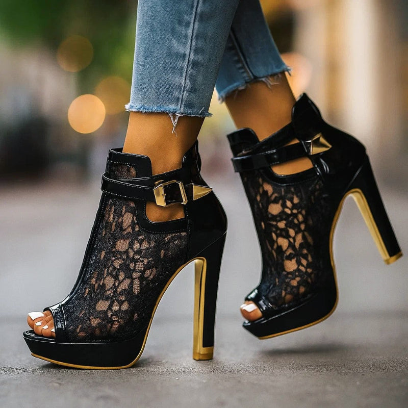 Laurel | Lace Mesh Buckle Strap High Heels