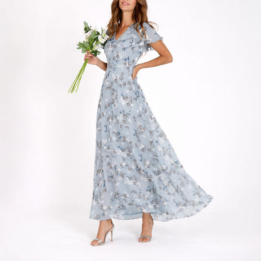 Marguerite | Floral Print Maxi Dress with Ruffle Sleeves