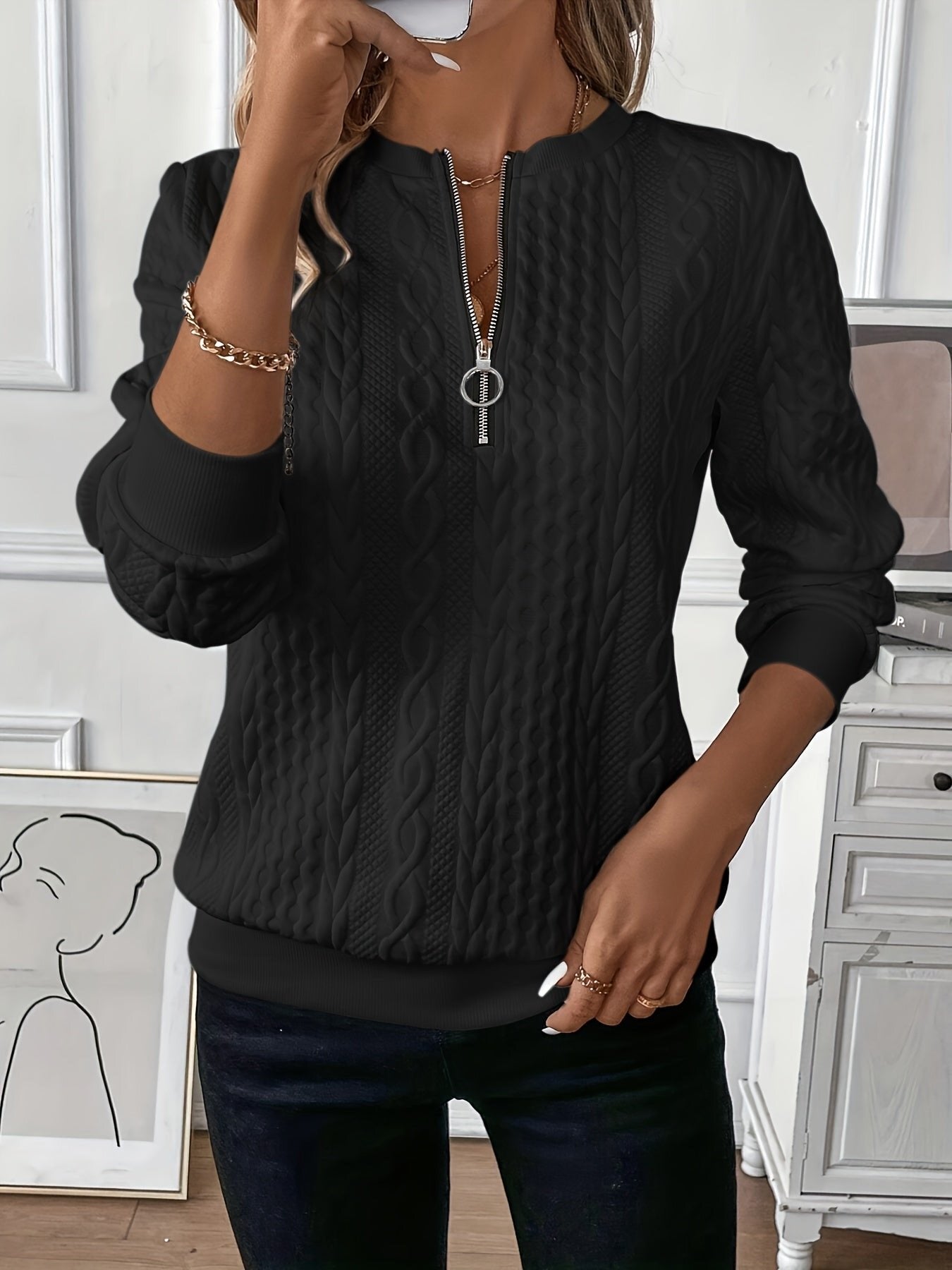 Genevieve | Cable Knit Half-Zip Long Sleeve Sweater