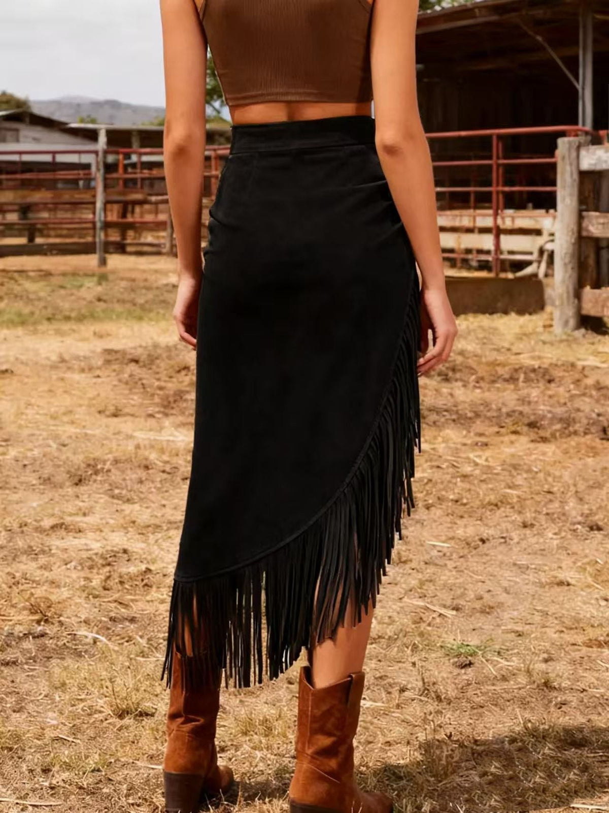 Nadira | Bohemian Maxi Skirt with Asymmetrical Hem and Fringe Detail