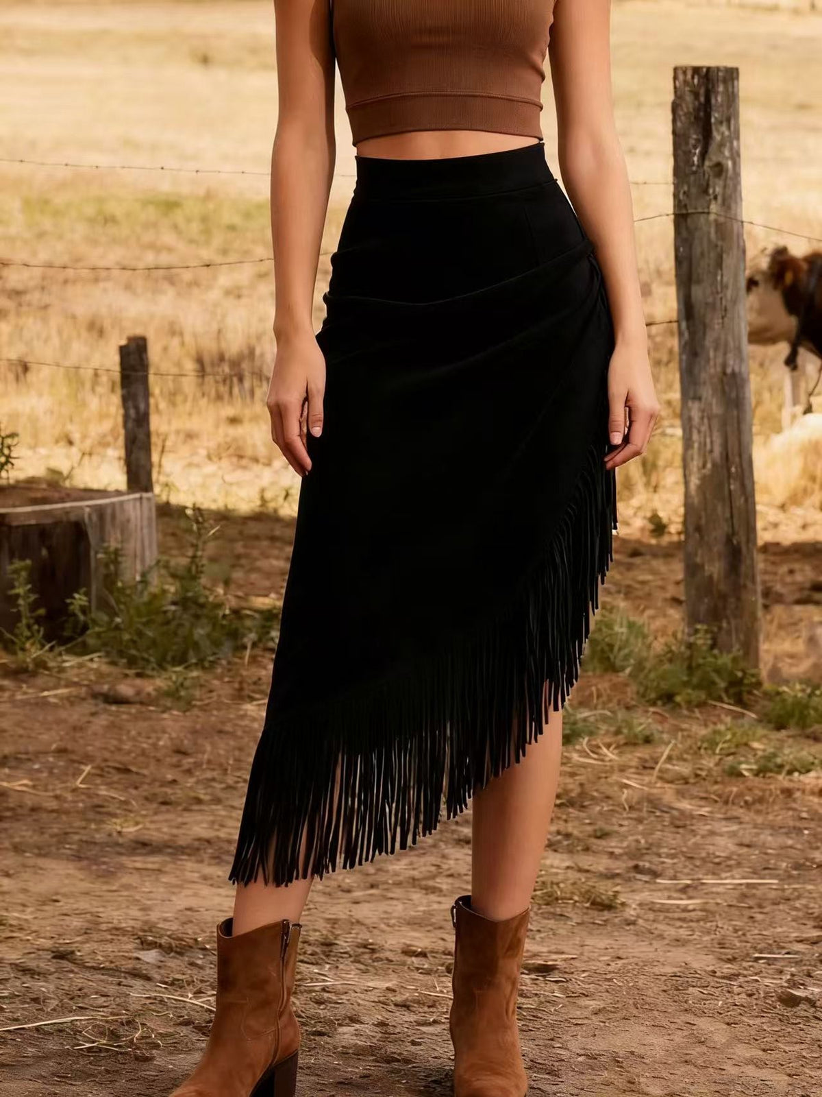 Nadira | Bohemian Maxi Skirt with Asymmetrical Hem and Fringe Detail