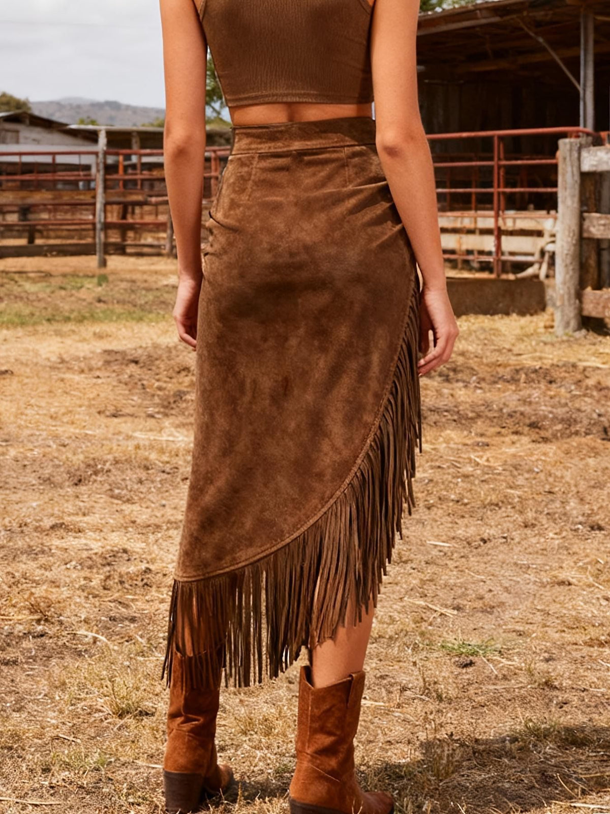 Nadira | Bohemian Maxi Skirt with Asymmetrical Hem and Fringe Detail