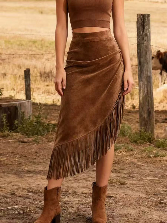 Nadira | Bohemian Maxi Skirt with Asymmetrical Hem and Fringe Detail