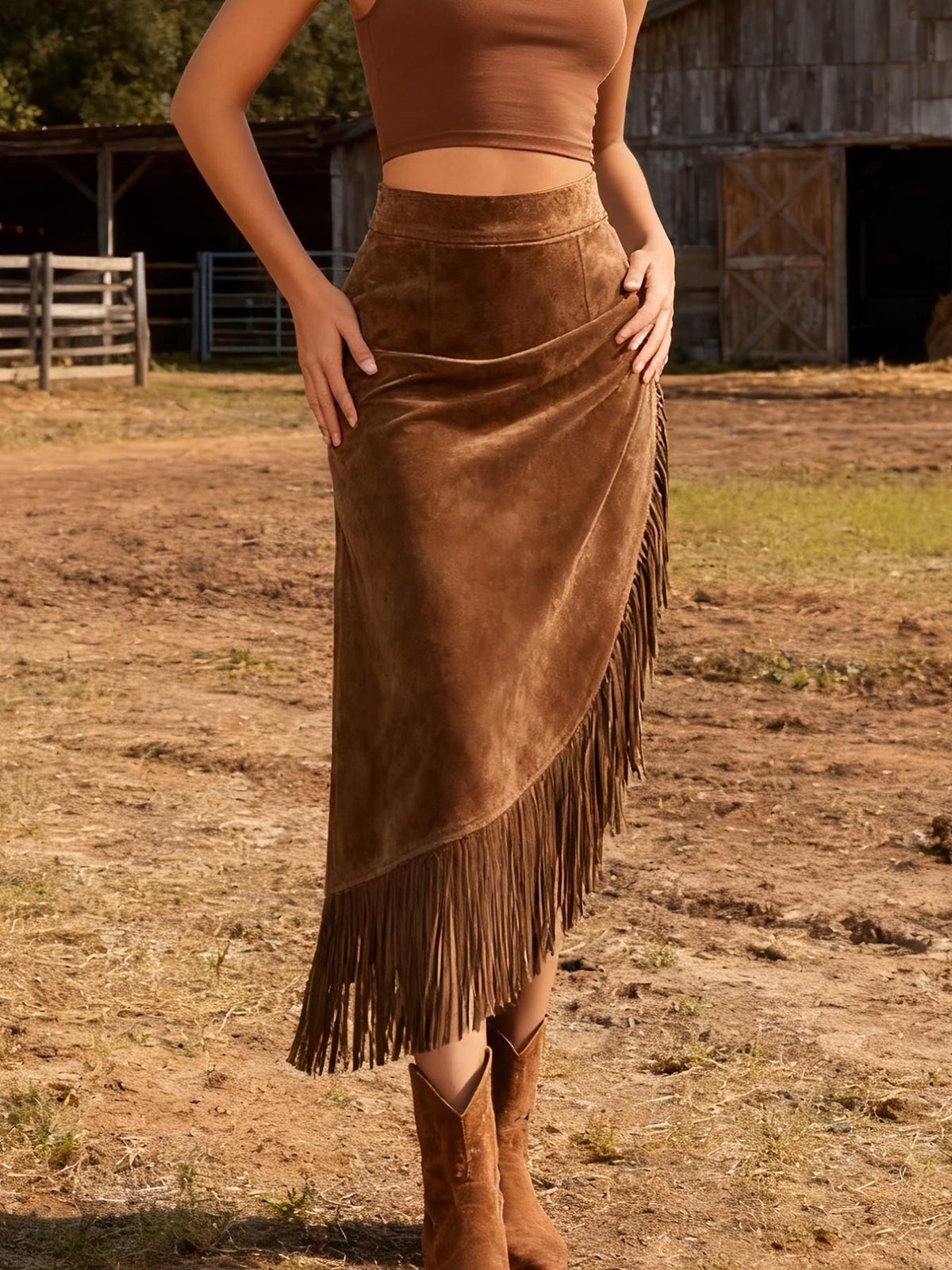 Nadira | Bohemian Maxi Skirt with Asymmetrical Hem and Fringe Detail
