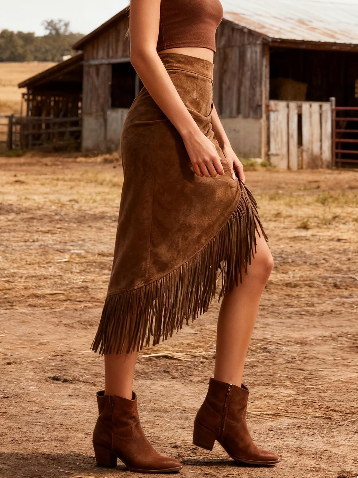 Nadira | Bohemian Maxi Skirt with Asymmetrical Hem and Fringe Detail