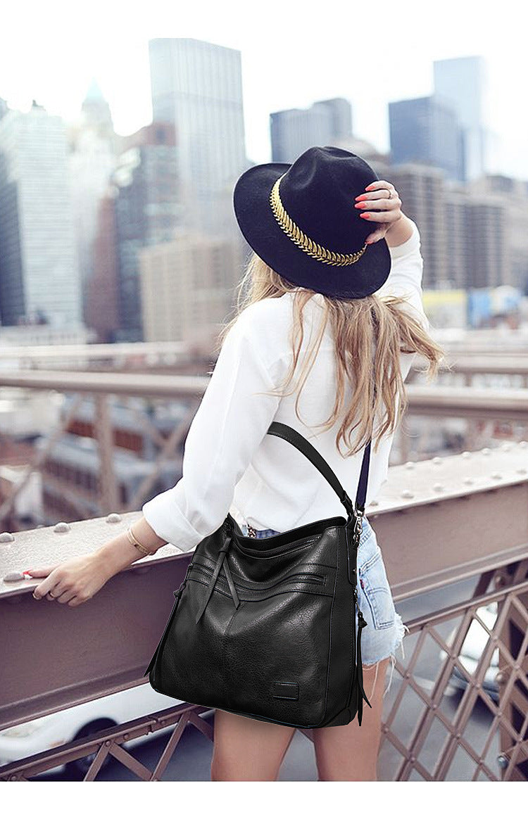 Philippine | Leather Shoulder Bag with Adjustable Strap and Multiple Zippers