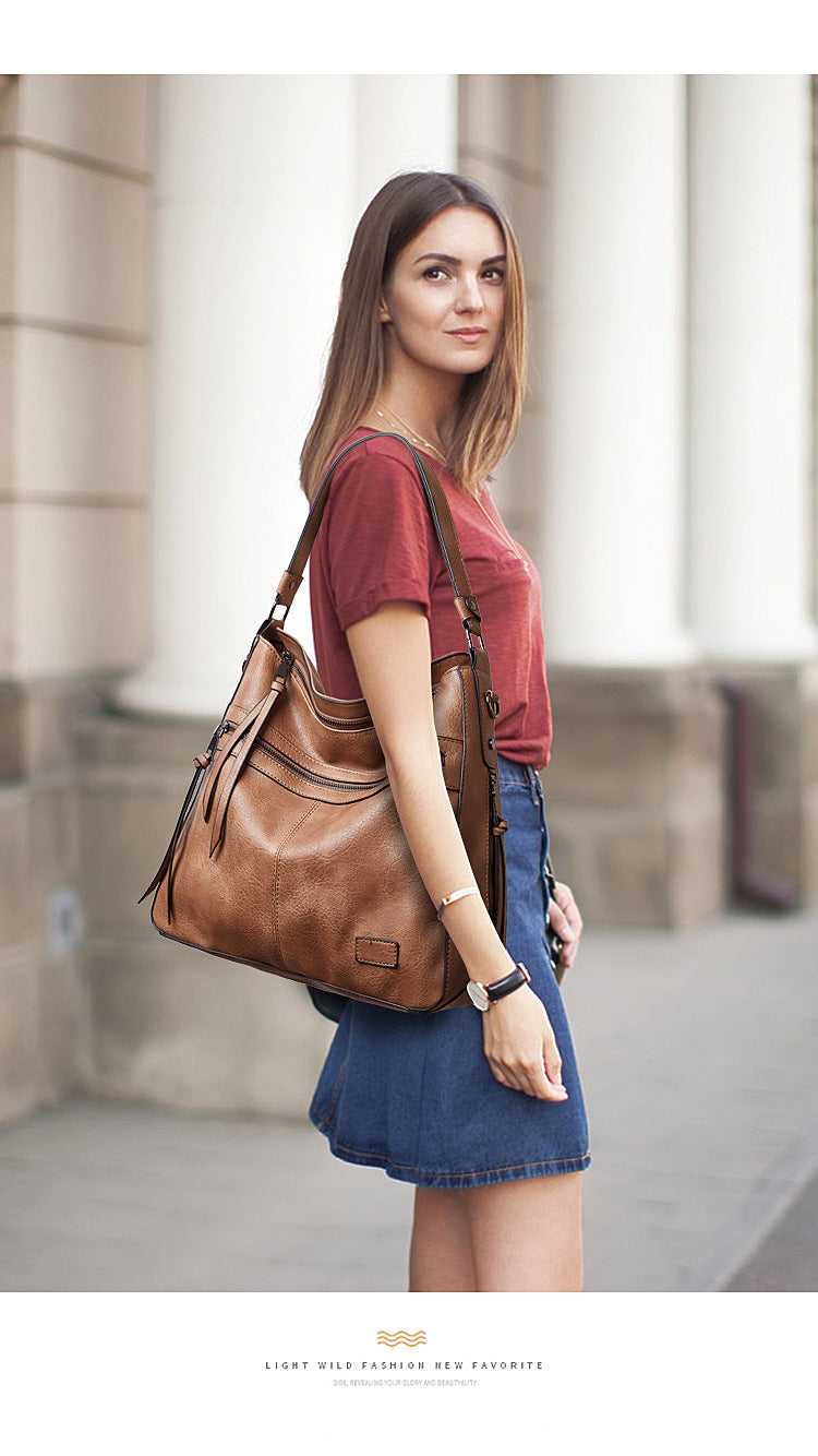 Philippine | Leather Shoulder Bag with Adjustable Strap and Multiple Zippers