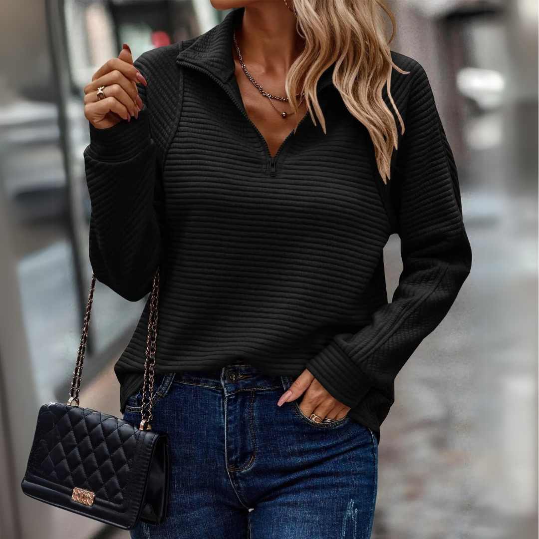 Pippa | Ribbed Half-Zip Funnel-Neck Long Sleeve Sweater