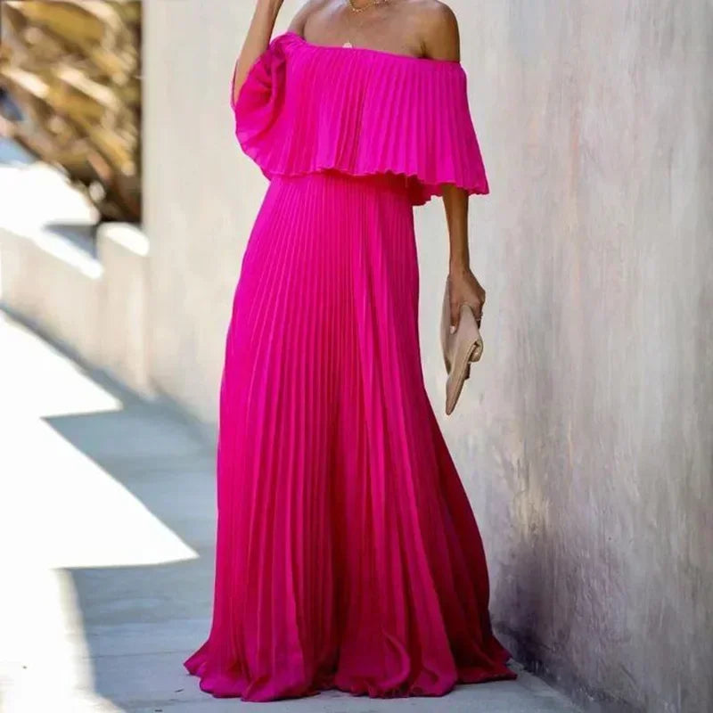 Eliska | Wedding guest Maxi Dress with Pleated Skirt and Off-the-shoulder Neckline