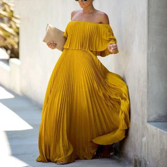 Eliska | Wedding guest Maxi Dress with Pleated Skirt and Off-the-shoulder Neckline