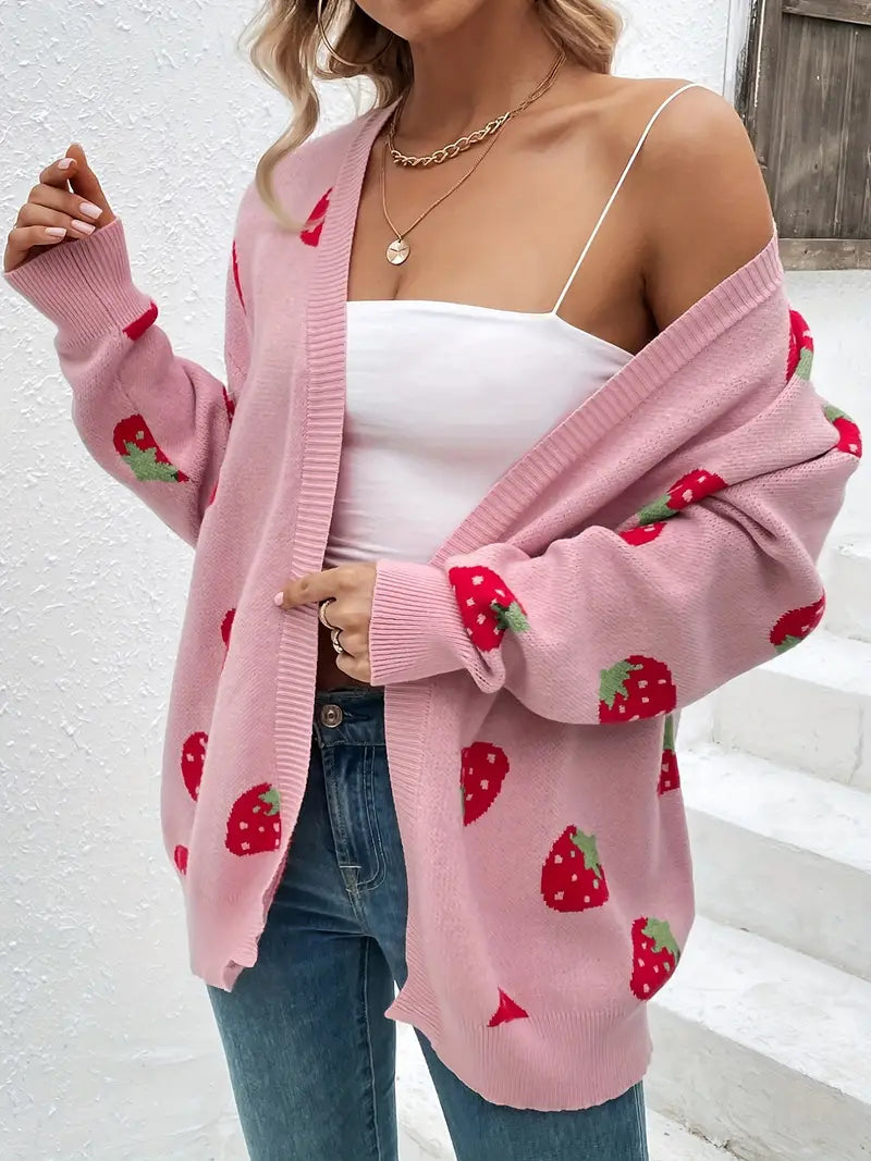 Odessa | Cute Strawberry Print Relaxed Cardigan Sweater