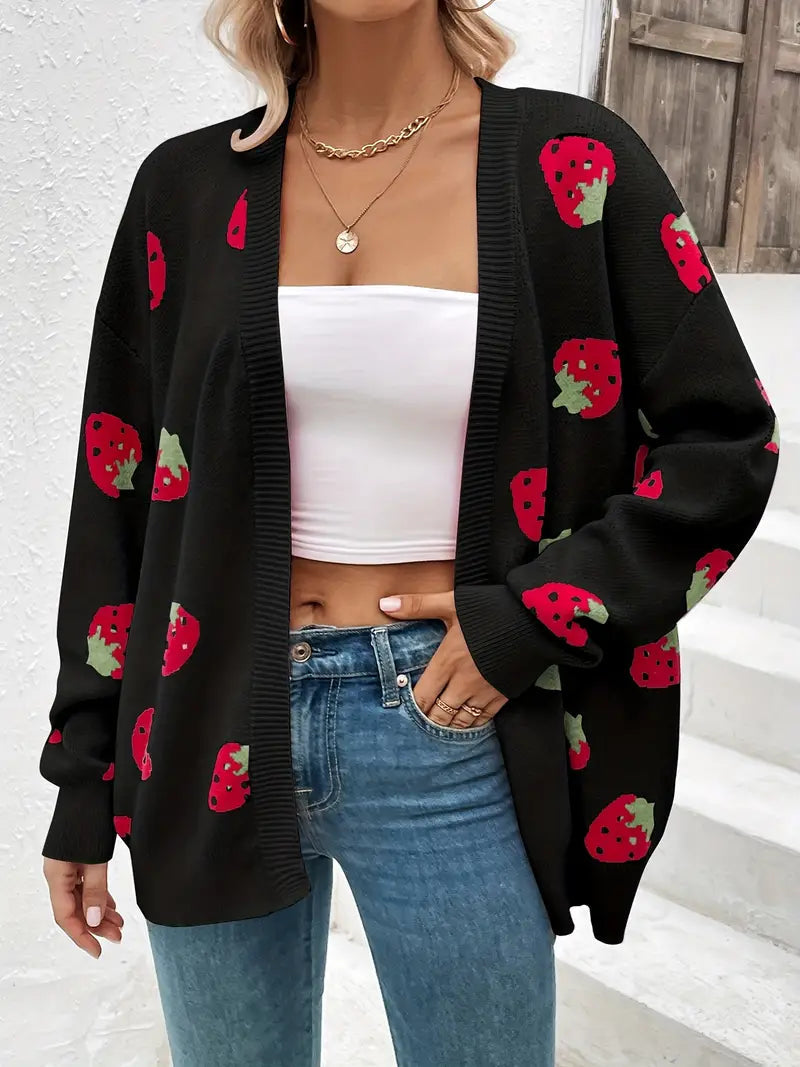 Odessa | Cute Strawberry Print Relaxed Cardigan Sweater