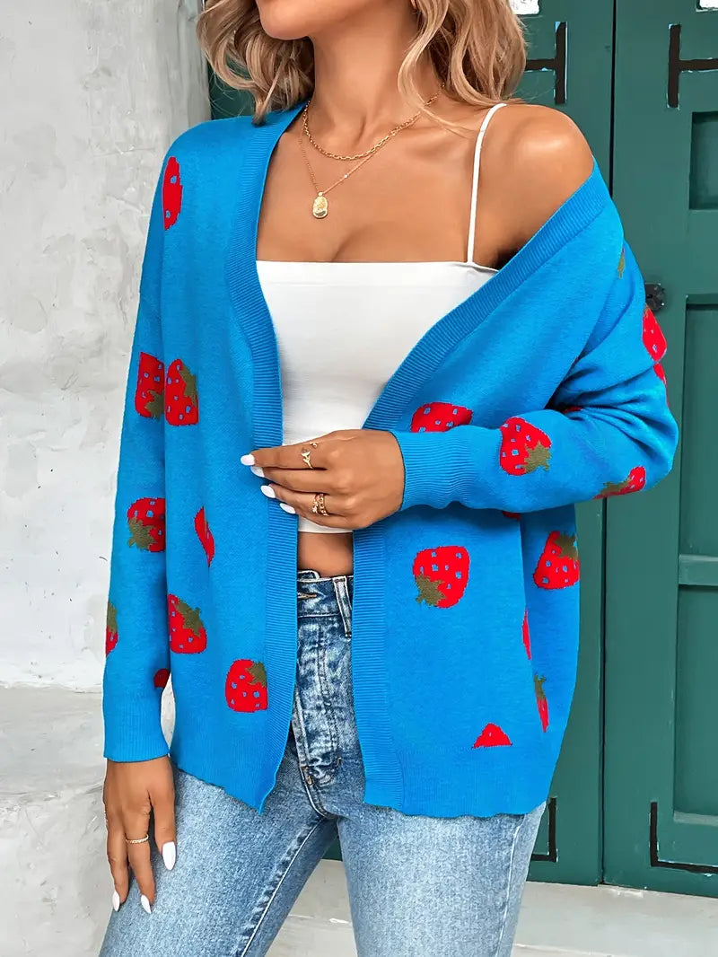 Odessa | Cute Strawberry Print Relaxed Cardigan Sweater