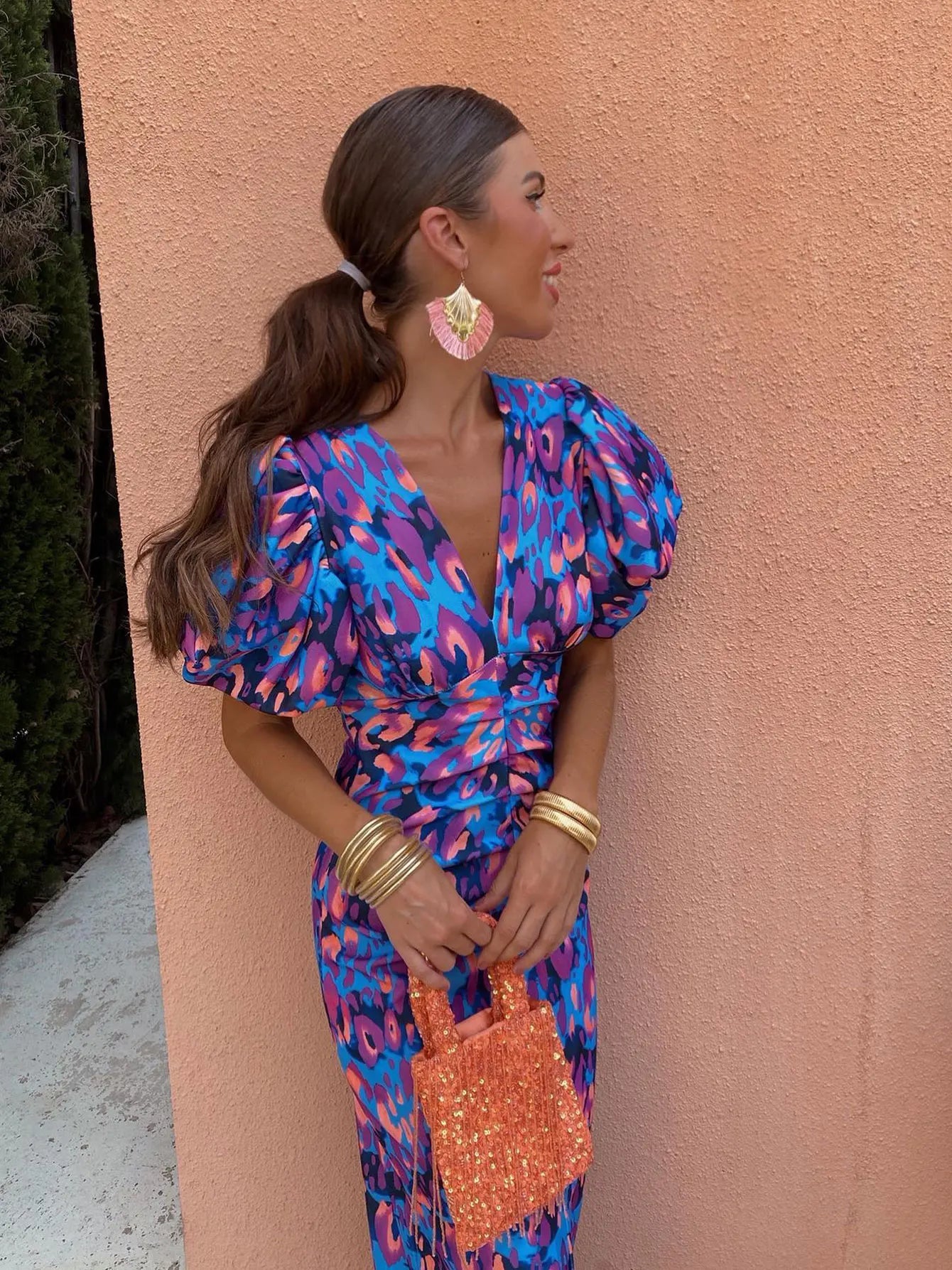 Orinthia | Summer Floral Puff Sleeve V-Neck Midi Dress