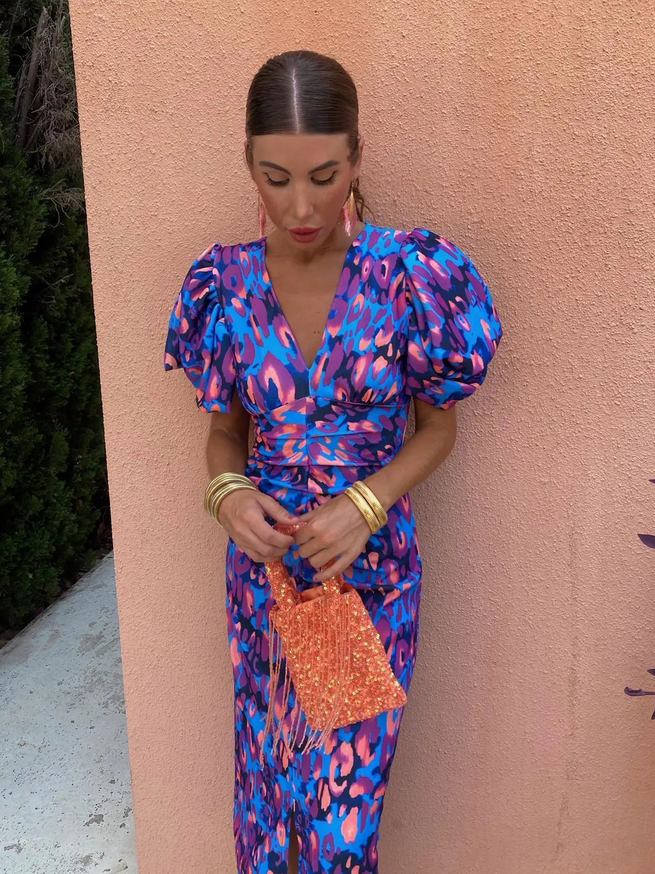 Orinthia | Summer Floral Puff Sleeve V-Neck Midi Dress