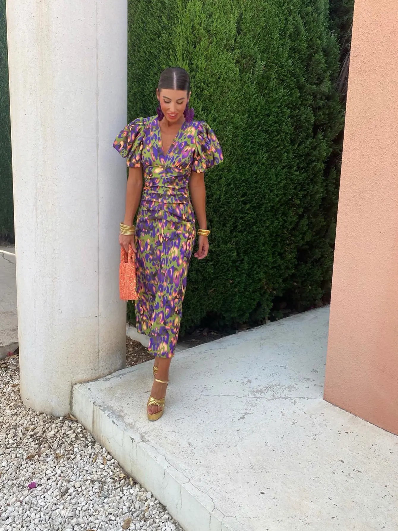 Orinthia | Summer Floral Puff Sleeve V-Neck Midi Dress