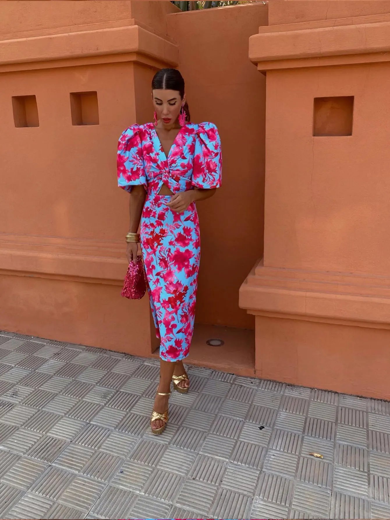 Orinthia | Summer Floral Puff Sleeve V-Neck Midi Dress