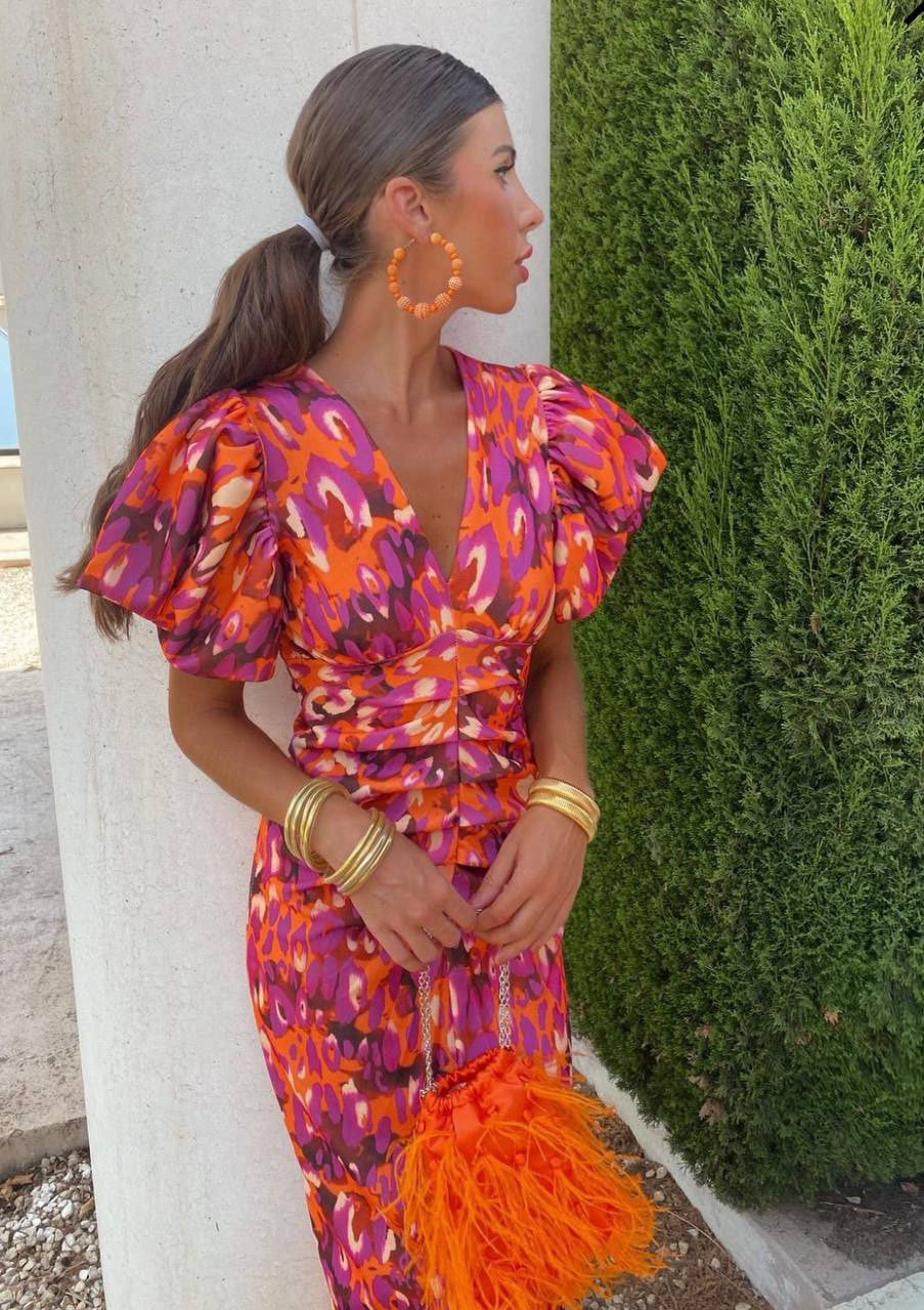 Orinthia | Summer Floral Puff Sleeve V-Neck Midi Dress