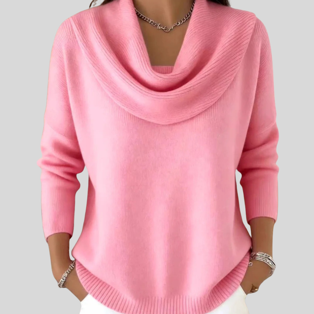 Viola | Elegant Draped Cowl-Neck Long Sleeve Sweater