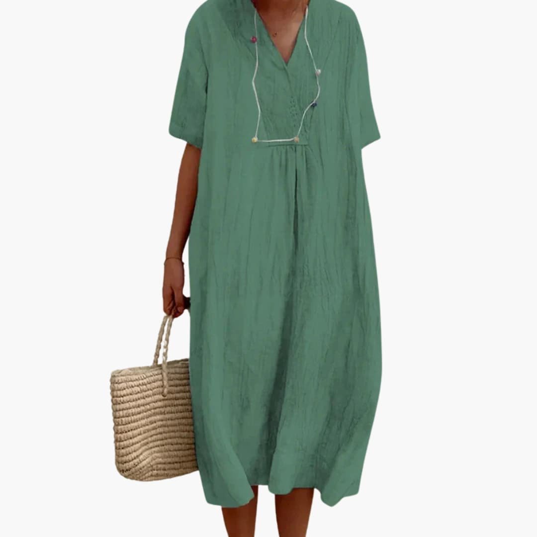 Valdine | Relaxed V-Neck Linen Midi Dress