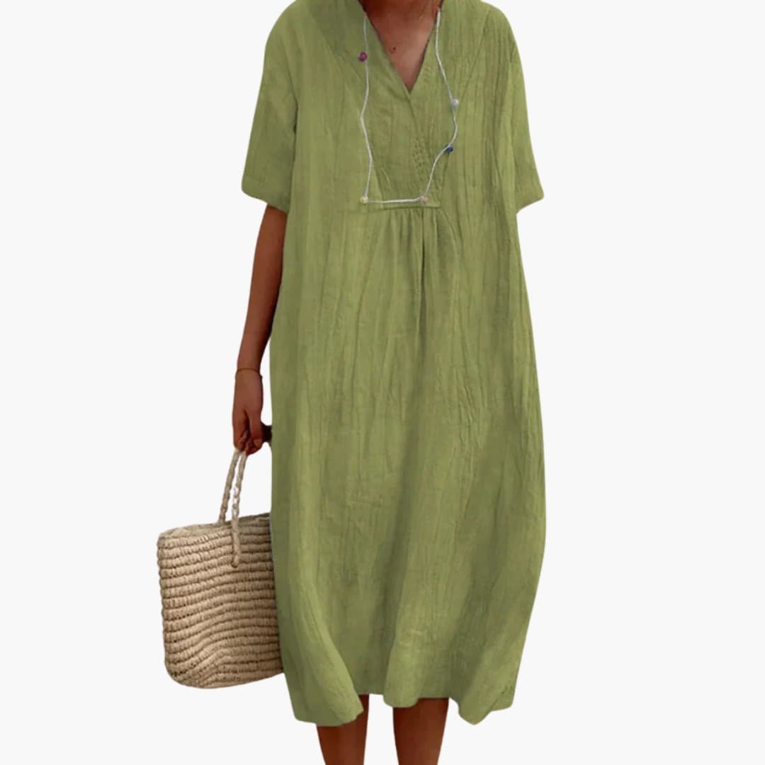 Valdine | Relaxed V-Neck Linen Midi Dress
